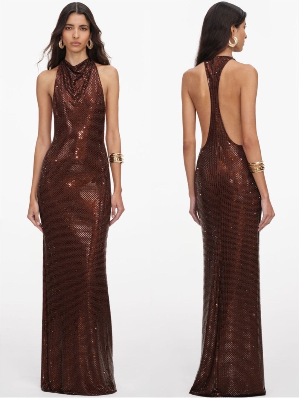 Self-Portrait Chocolate Brown Sequin Halter Backless Gown